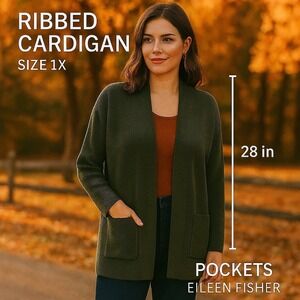 Eileen Fisher Ribbed Knit Open Front organic Linen Cardigan Olive Green Size 1X